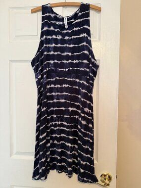 Athleta Santorini Thera Printed Dress | Navy Blue Tie Dye Stripe | Size 2x